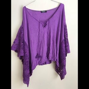 NWOT Purple Box Cut Lace-up Top w/ Crochet Sleeves
